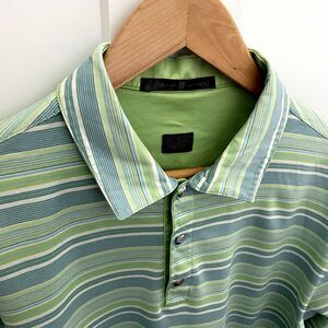 Tiger Woods MD Golf Polo Shirt Green Striped Performance Dri-FIT Snap Button